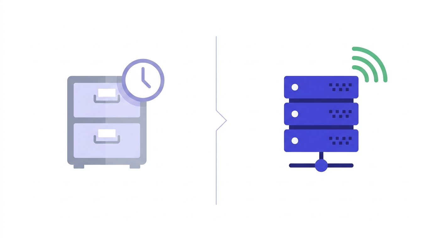 Two-column diagram comparing Apollo's database lookup (filing cabinet with clock overlay) against a live SMTP handshake (server with green ping signal)
