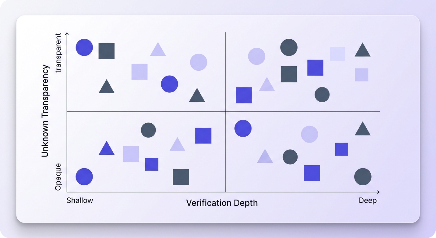 Quadrant chart comparing email verifier tools across verification depth and unknown-result transparency dimensions.