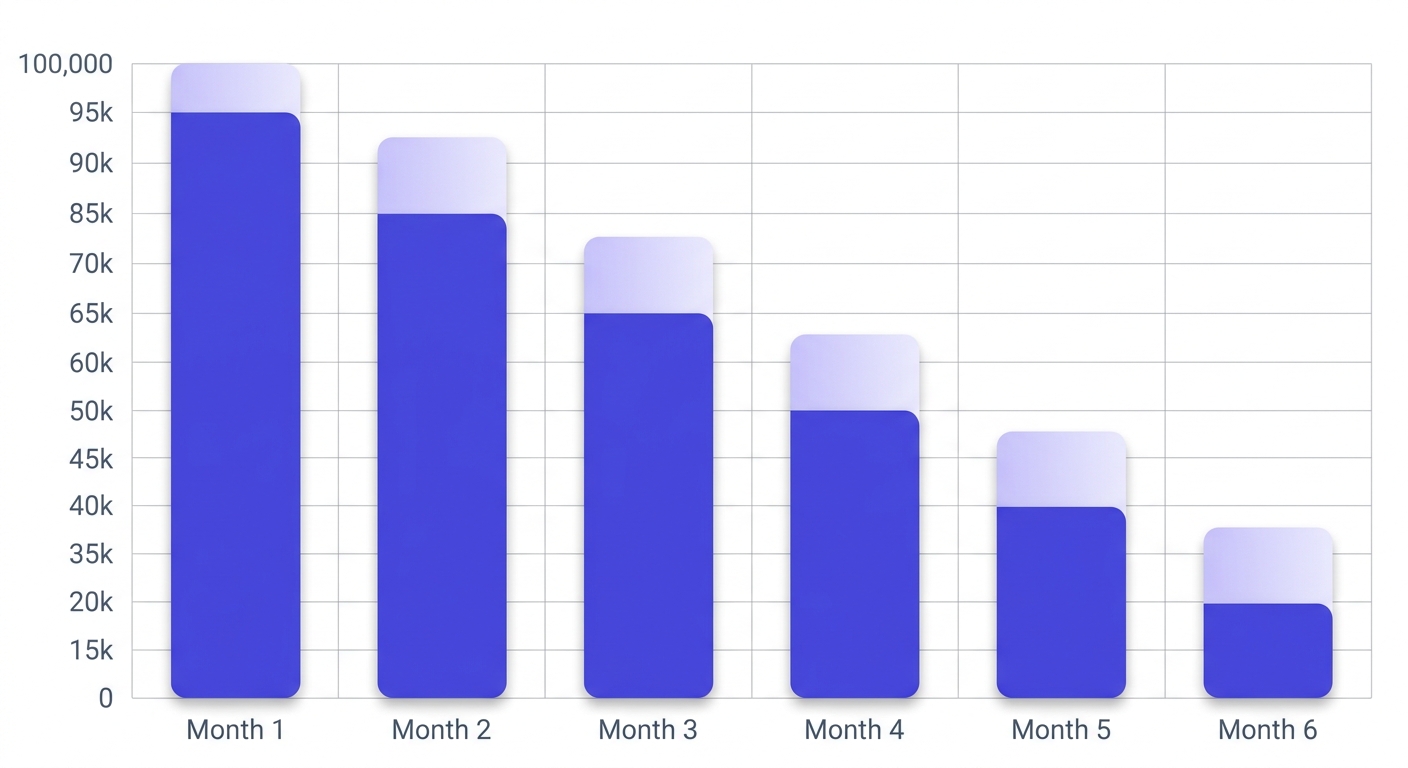 Gantt chart showing 100,000-address email list declining by 2,000–3,000 addresses monthly over six months.