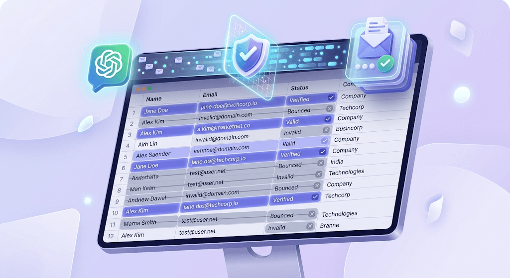 A tilted monitor showing a contact list with valid rows highlighted in indigo and invalid rows dimmed, connected to a verification pipeline flowing into a send queue.