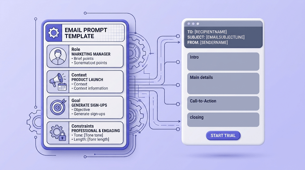 A four-part prompt template card connected by mechanical gears to a structured email document output.