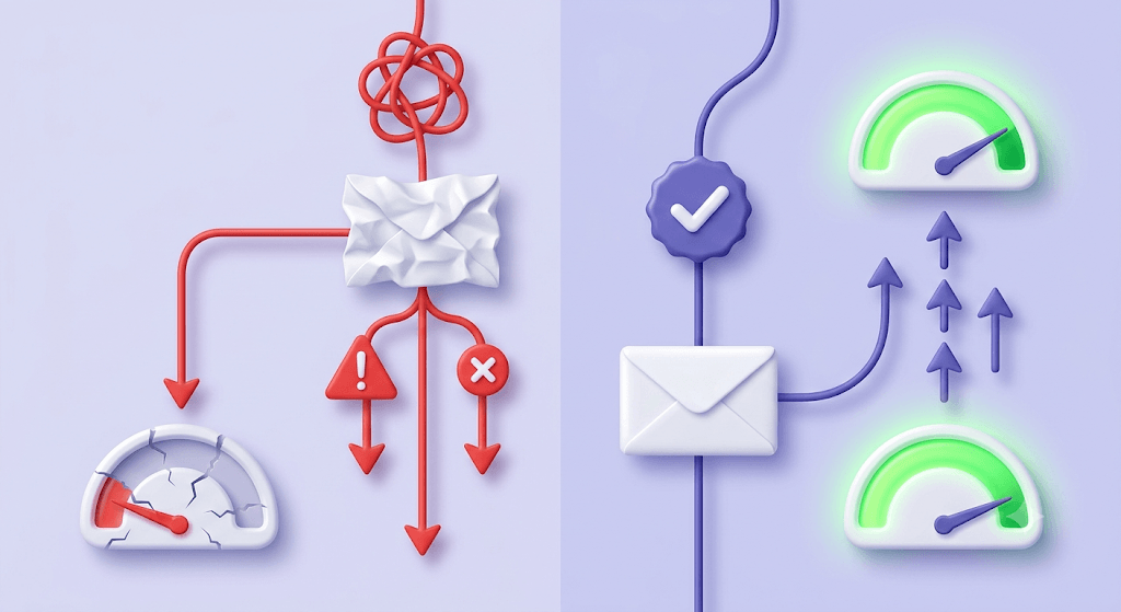Side-by-side flowchart contrasting unverified (chaotic red) and verified (clean indigo) email list outcomes.