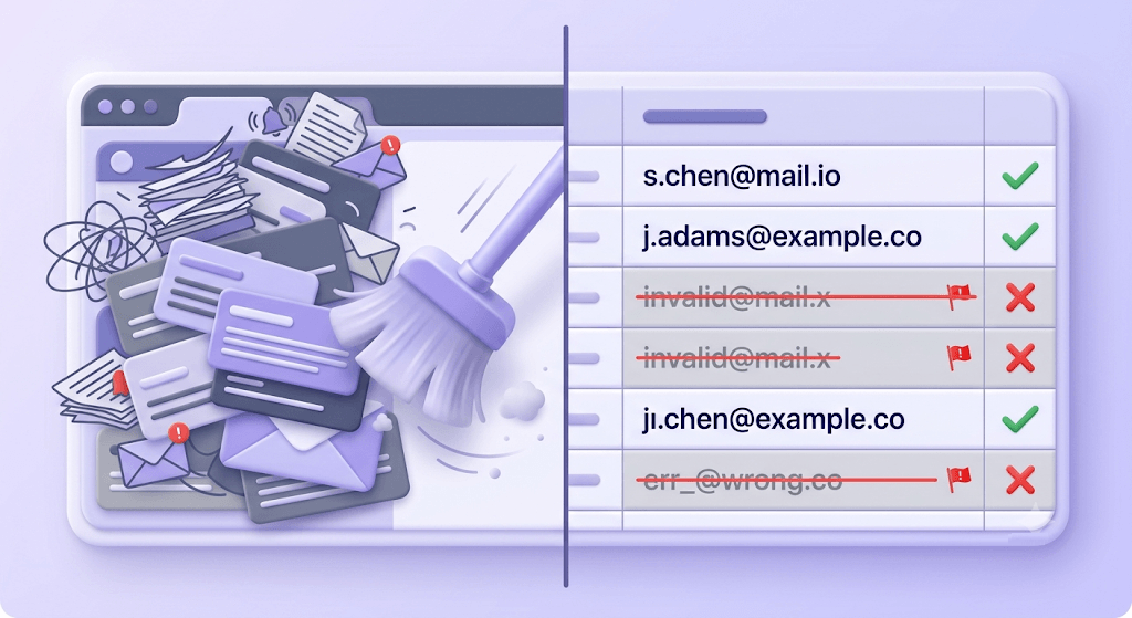 Left: messy inbox swept clean; right: contact list with valid rows in indigo, invalid rows flagged red.