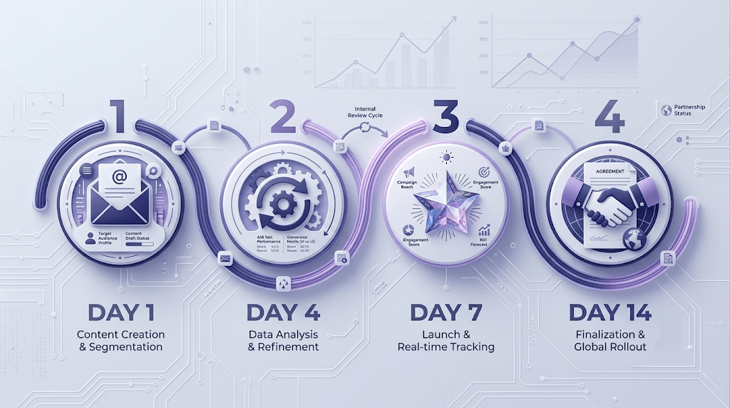 Four-step email cadence timeline: Day 1, Day 4, Day 7, Day 14 connected by arcing lines with subtle icons.