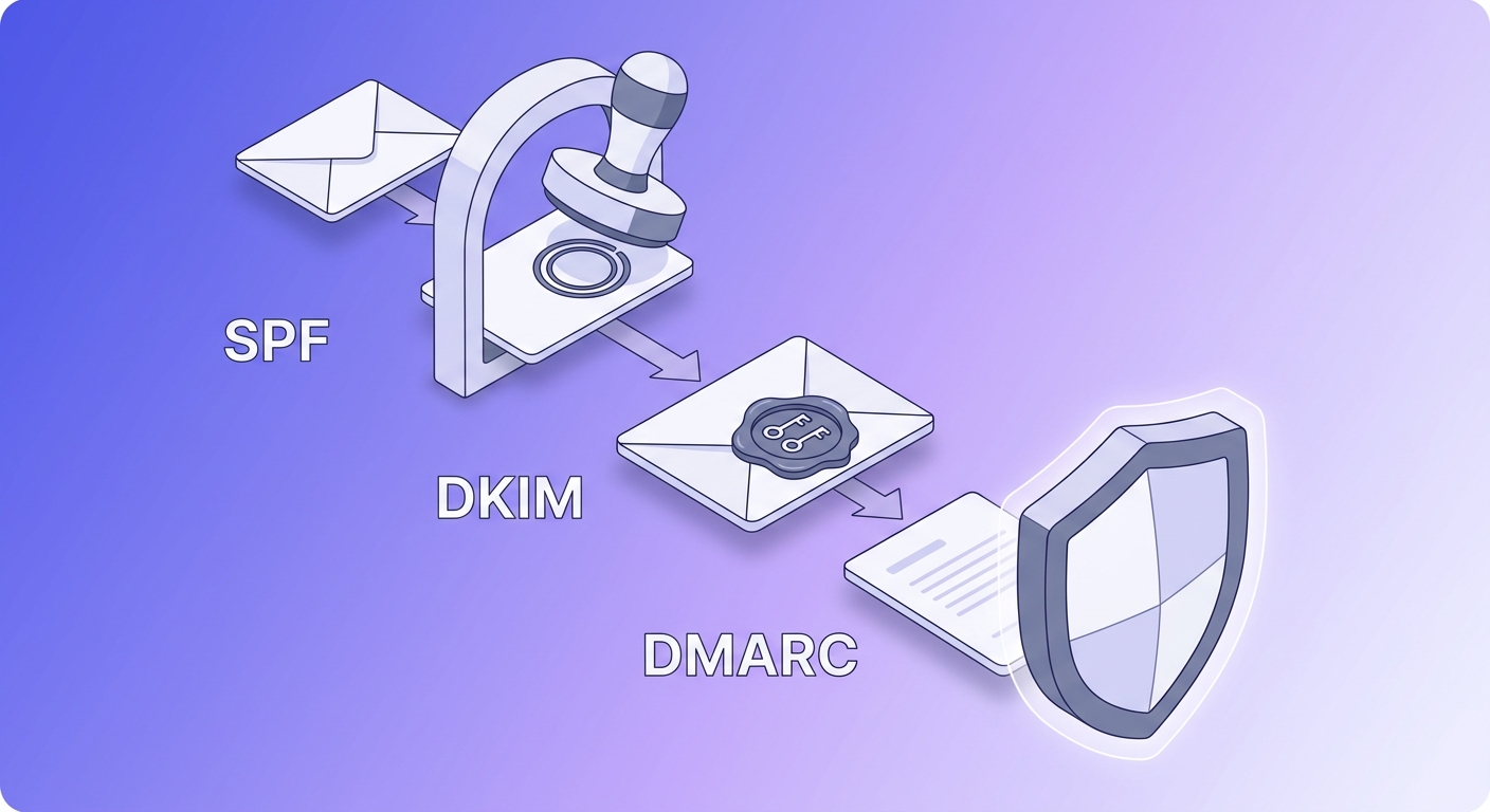 Illustration of three email authentication protocols shown as security checkpoints: envelope stamp (SPF), wax seal (DKIM), and shield barrier (DMARC).
