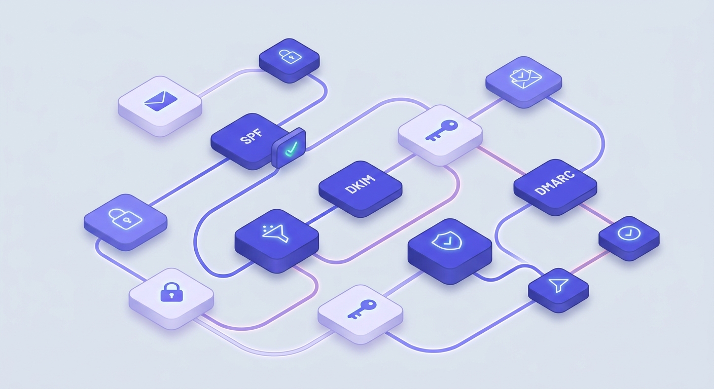 Flowchart showing interconnected email authentication protocol checkpoints in indigo and lavender nodes.