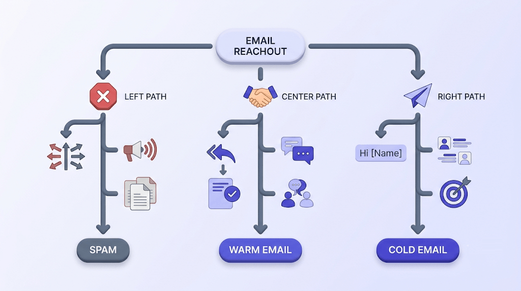 Decision tree with three diverging paths showing spam, warm email, and cold email categories in indigo and lavender.