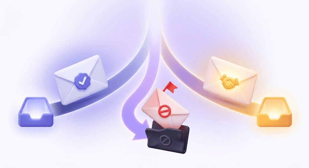 Three branching postal routes showing cold email (checkmark to inbox), spam (red flag diverted), and warm email (amber glow with handshake).