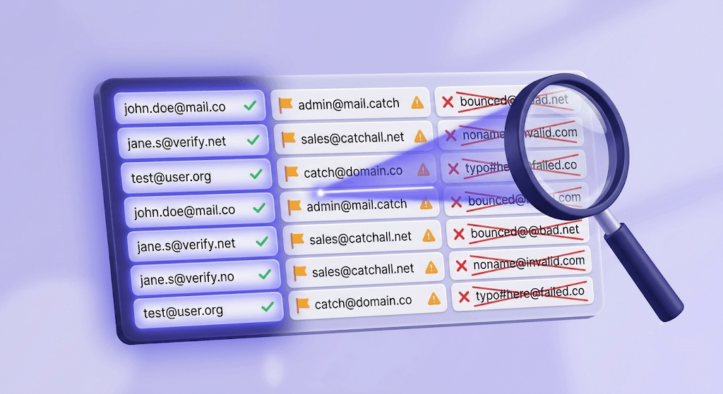 A data table with verified (green), risky (amber), and invalid (red) email rows being scanned by an indigo magnifying glass.