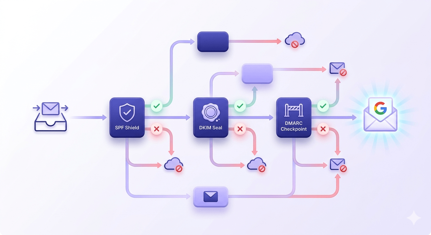 Isometric flowchart showing cold email sender paths branching through authentication checkpoints toward inbox or spam folder.