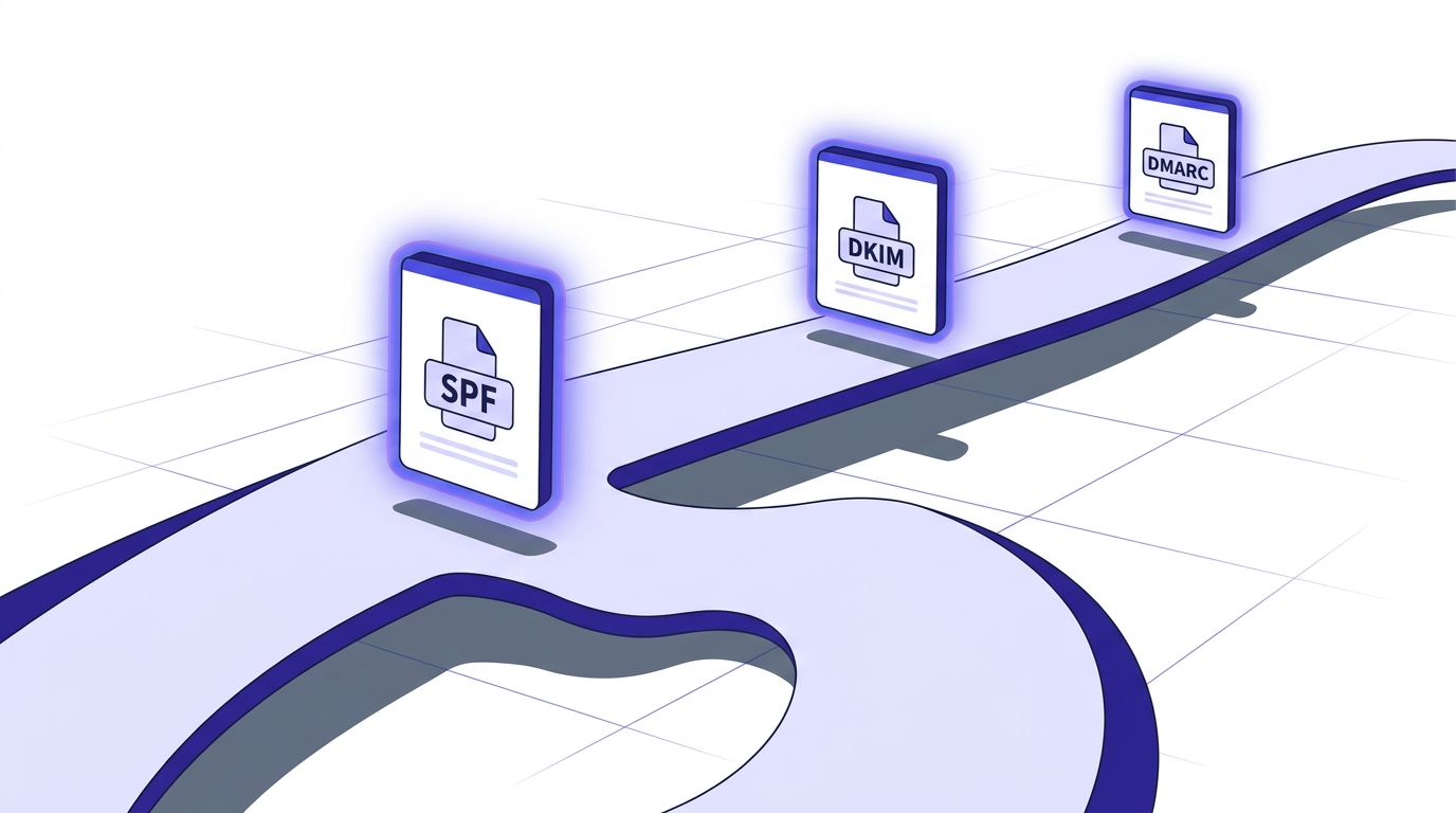 Timeline ribbon with SPF, DKIM, and DMARC DNS record cards marking key milestones from 2024 to 2026