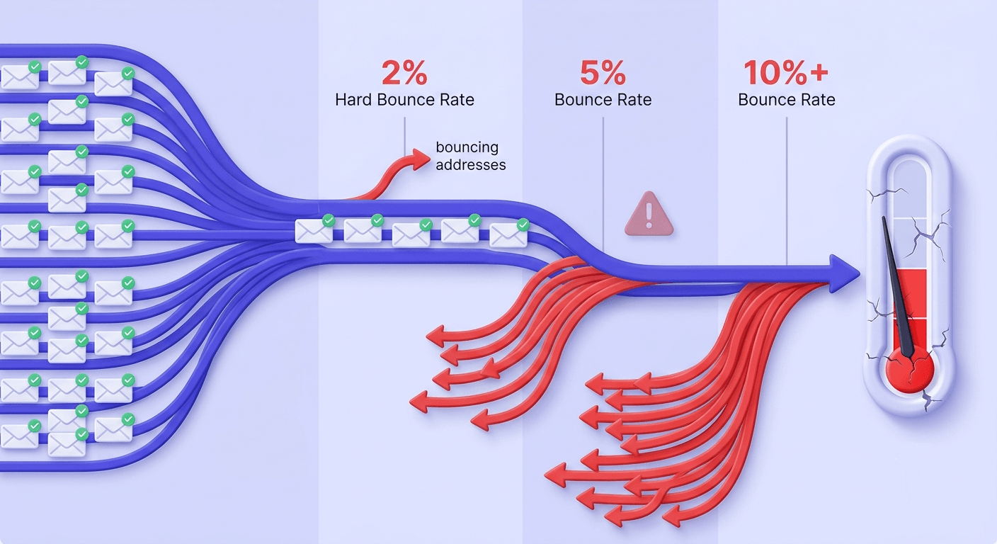 Flowchart showing how hard bounce rate thresholds affect sender reputation and deliverability