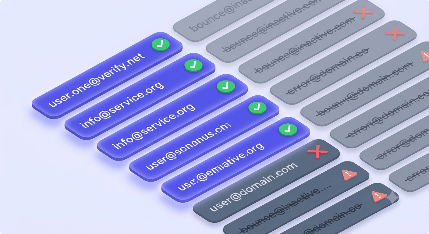 B2B contact list cards spread on a surface — some glowing white (verified), others cracked or stamped with a red X (invalid, spamtrap, disposable)