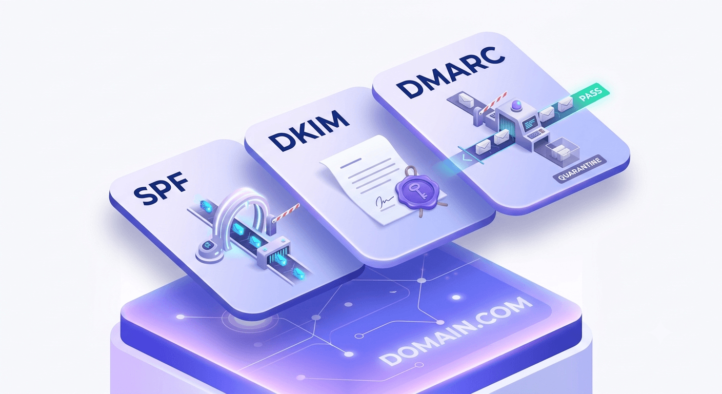 Three floating DNS record tiles labeled SPF, DKIM, and DMARC arranged like playing cards above a sending domain with indigo glow