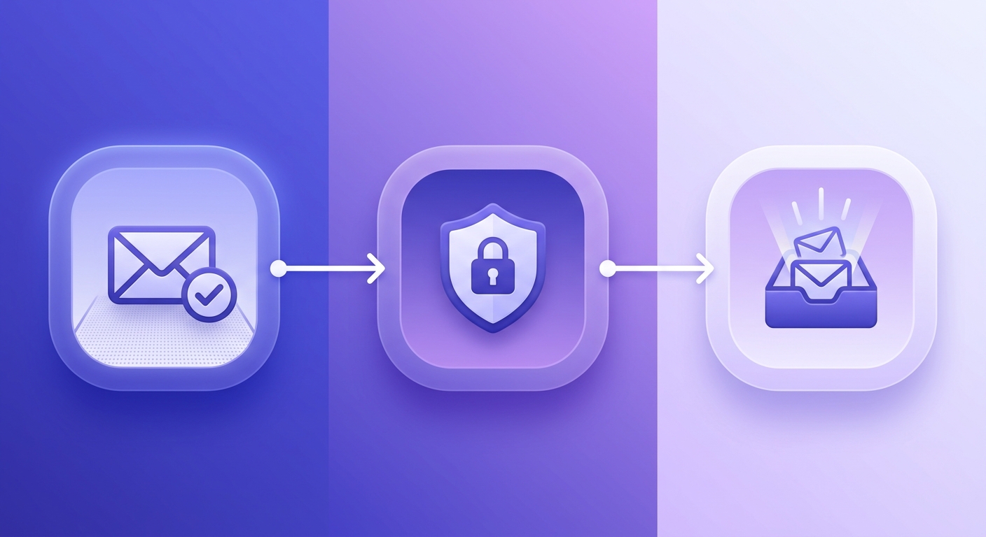 Three sequential checkpoints showing list hygiene and domain authentication must pass before subject line effectiveness.