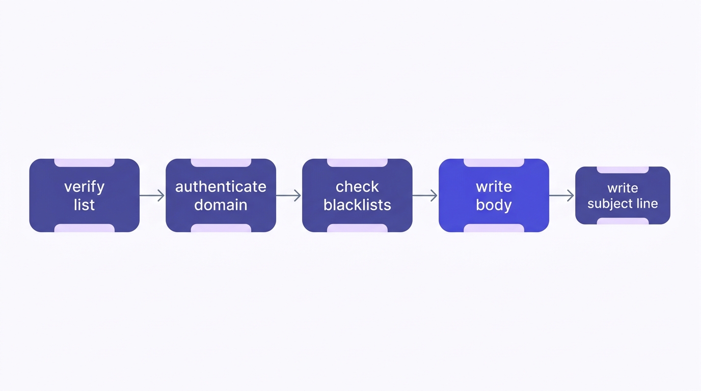 Horizontal flowchart showing five sequential pre-send steps: Verify list, Authenticate domain, Check blacklists, Write body, Write subject line — with the final step visually smaller than the others
