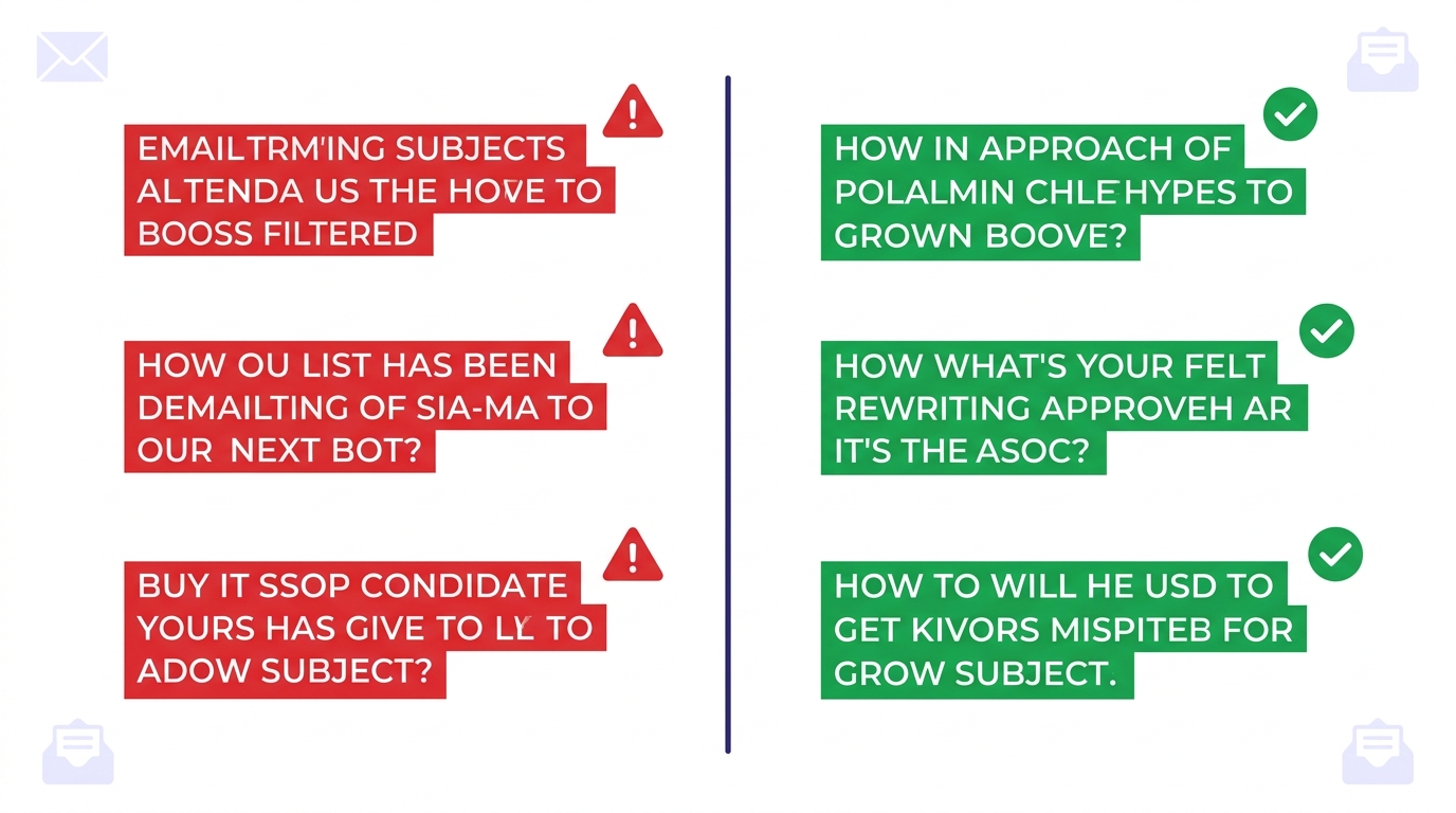 Side-by-side comparison of spam-trigger subject lines on the left in red and inbox-friendly rewrites on the right in green