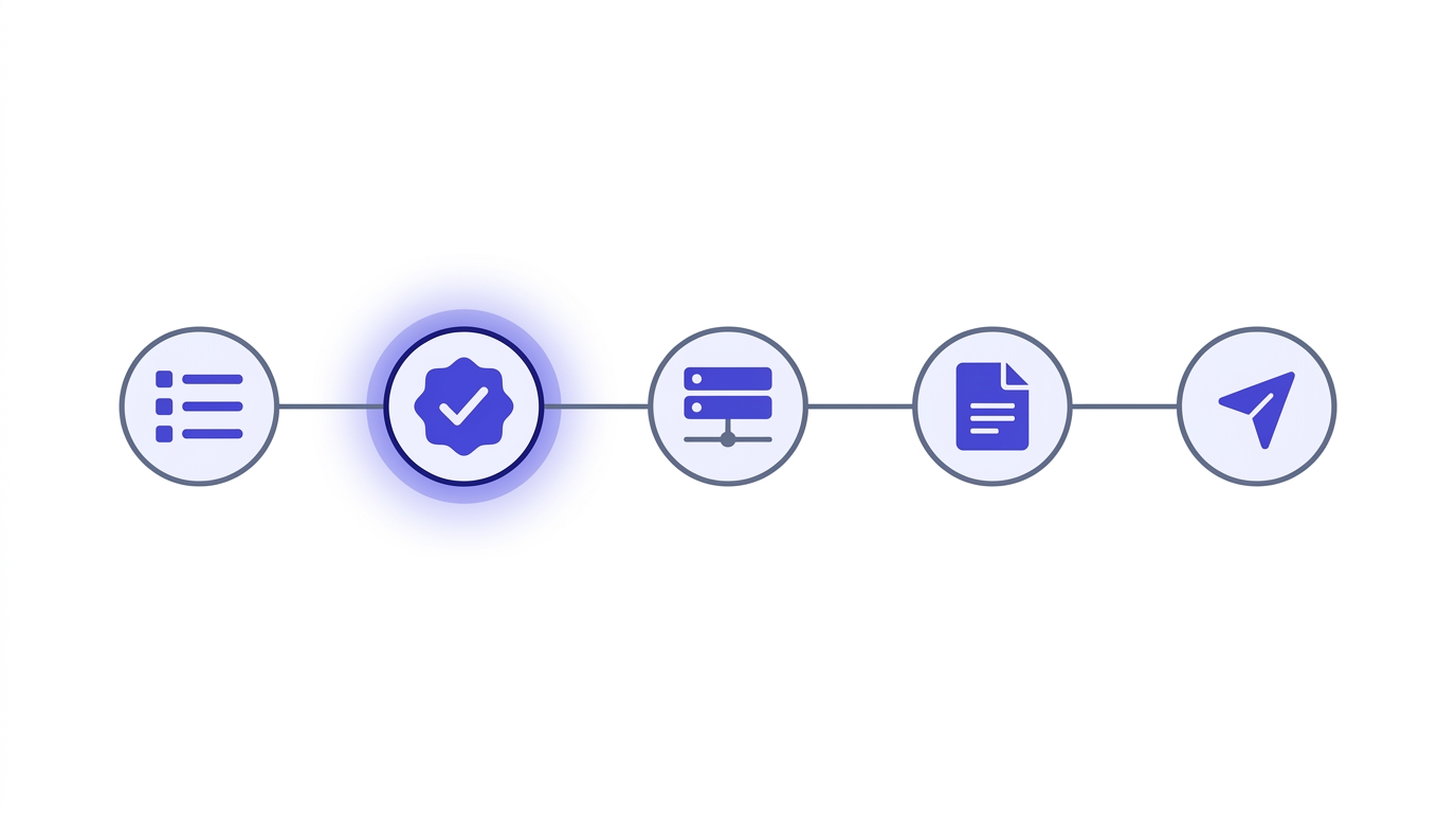 Pipeline diagram showing five stages: List, Verify, Warm Domain, Write Template, Send — with Verify highlighted
