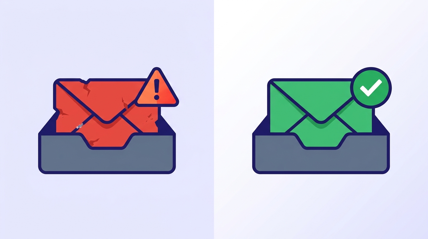 Split-screen showing red inbox icon with 23% bounce rate warning versus green inbox icon with 0.4% bounce rate checkmark