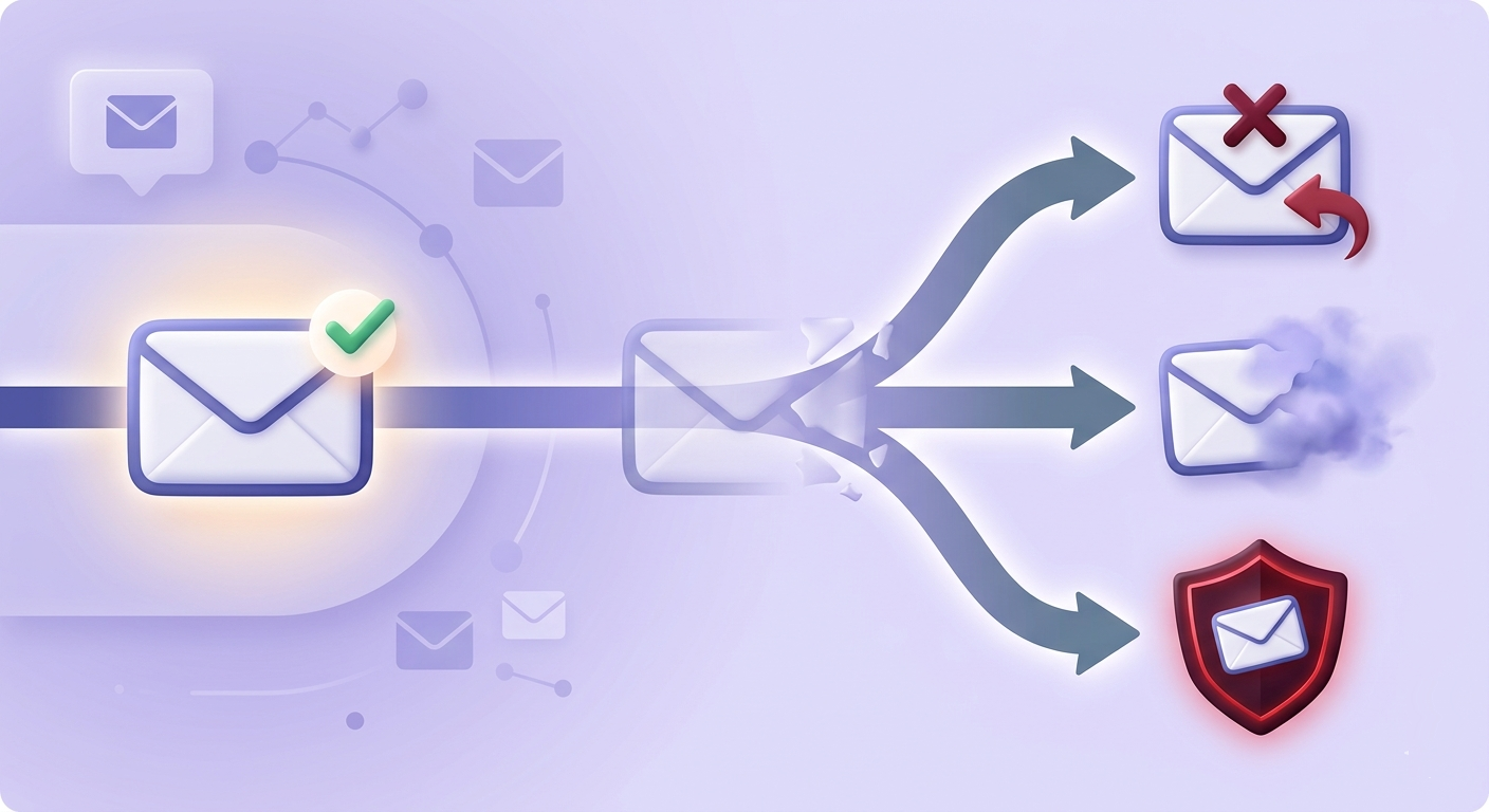 Timeline showing a valid email envelope transforming into three failure paths: hard bounce, silent drop, and spamtrap.
