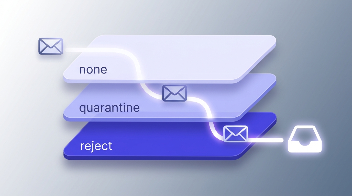 Three translucent layers labeled none, quarantine, reject with an email traveling through them toward an inbox.