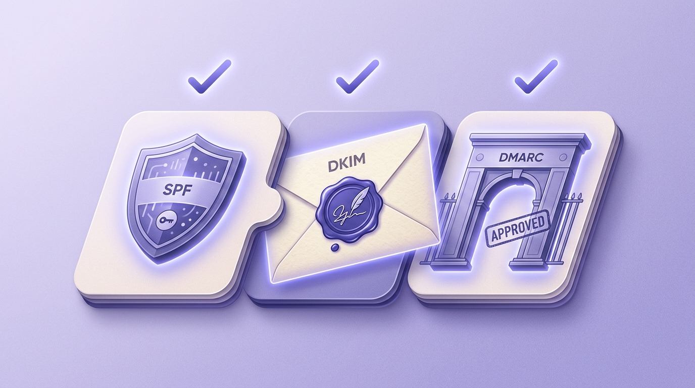 Three layered DNS record cards with checkmarks glowing in indigo, representing SPF, DKIM, and DMARC verification steps.