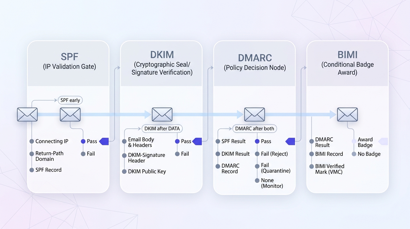 Sequence diagram of an email passing through SPF, DKIM, DMARC, and BIMI authentication checkpoints in order.