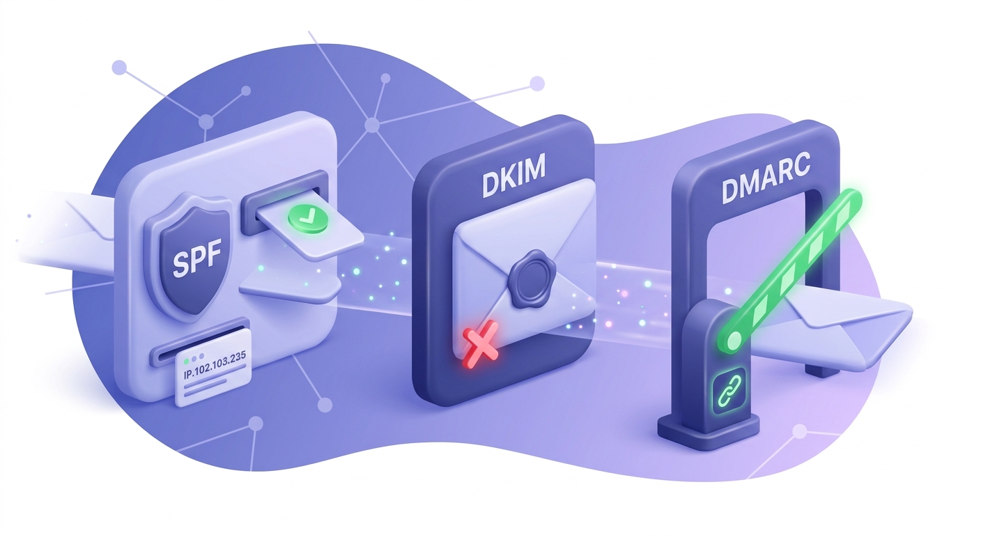 Three sequential authentication gates showing how DMARC passes when either SPF or DKIM aligns, even if one fails.