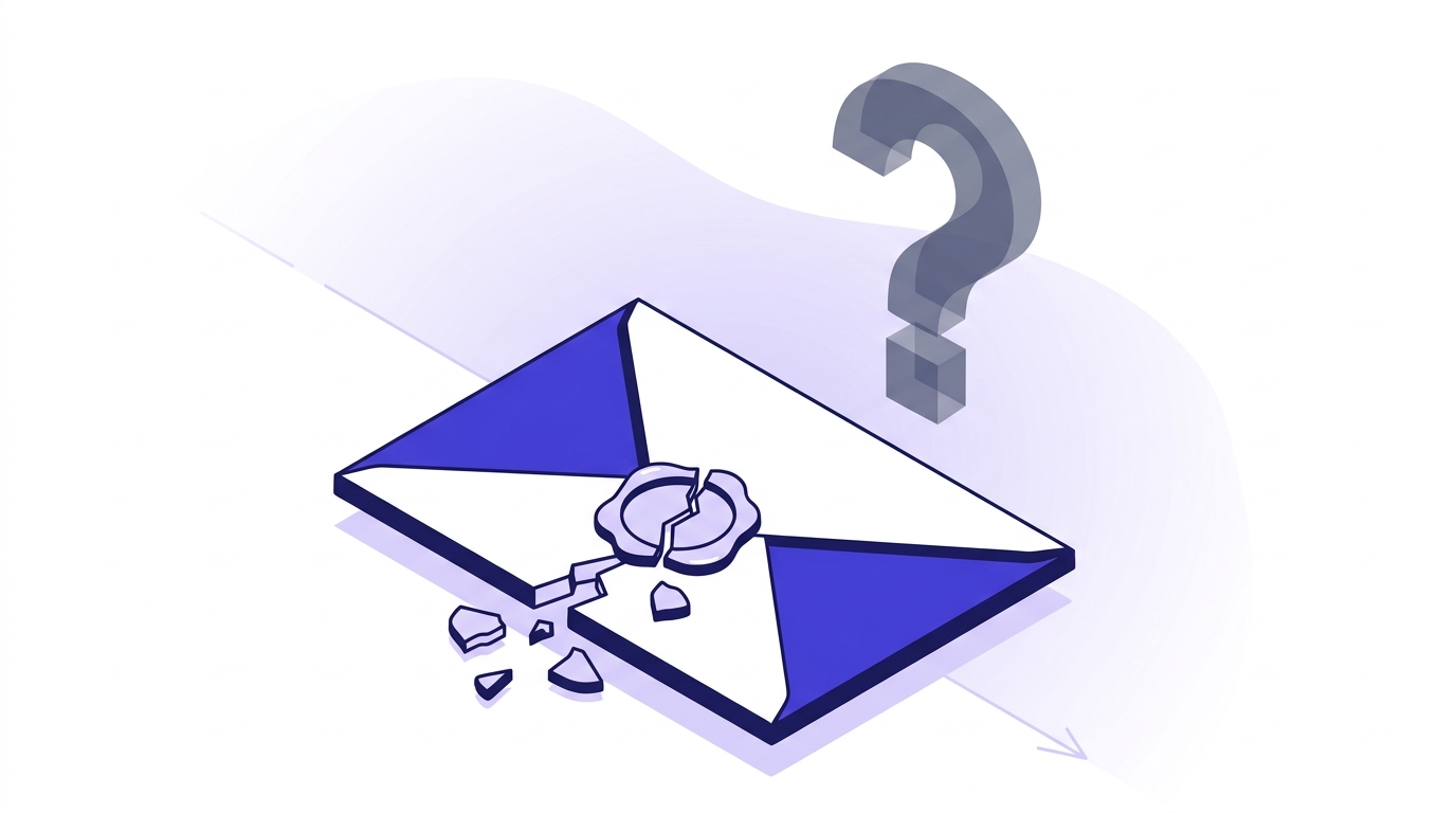 Illustration of a vintage SMTP envelope with a broken wax seal and a question mark, representing the original lack of sender verification in early email