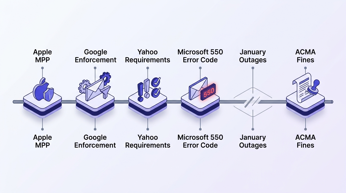 Horizontal timeline with indigo and lavender milestone nodes marking email enforcement events from 2021 to 2026.