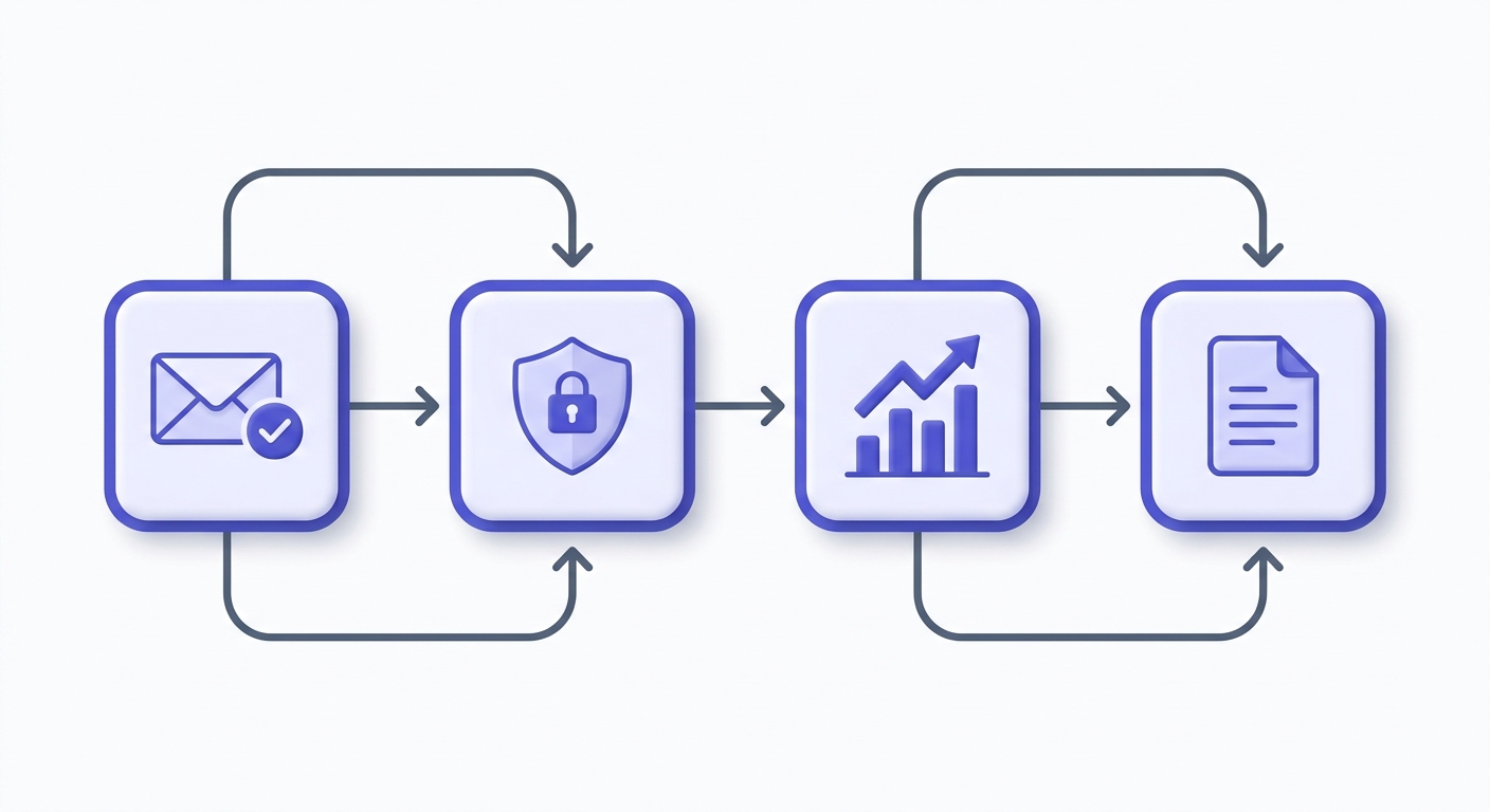 Four-phase email deliverability audit flowchart with rounded boxes and icons in indigo and lavender.