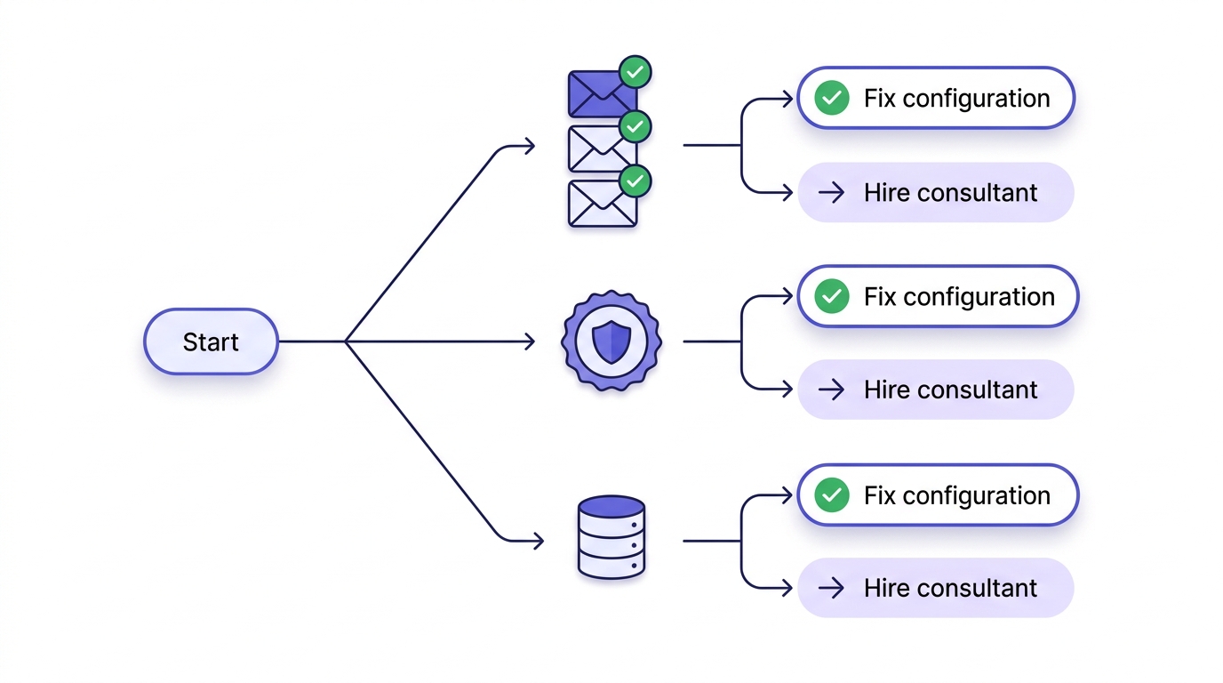 Flowchart diagram showing three diagnostic pathways branching from a start node, each leading to either a configuration fix or consultant engagement decision.
