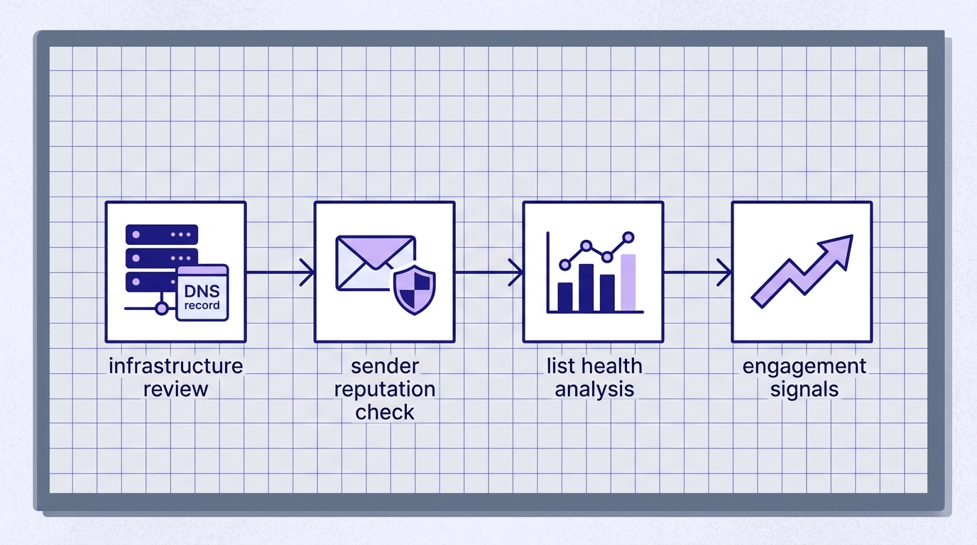 Flowchart showing the four phases of a deliverability audit: infrastructure review, sender reputation check, list health analysis, and engagement signals