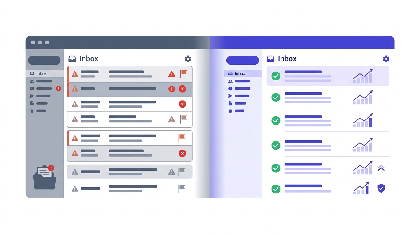 Split-screen showing a cluttered inbox with spam warnings and red error indicators on the left, and a clean inbox with green checkmarks and high open-rate metrics on the right