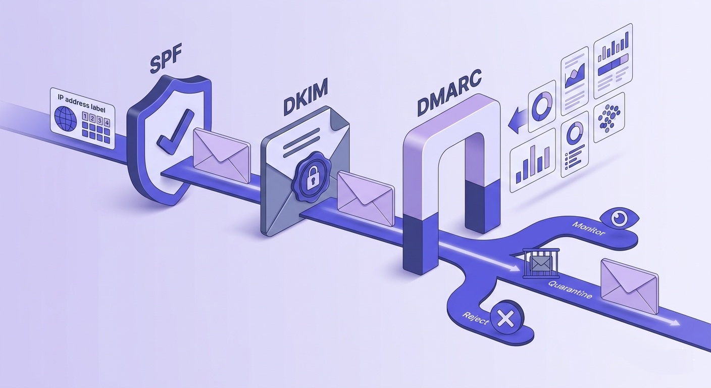 Three stacked security checkpoints with email envelope progressing through SPF shield, DKIM seal, and DMARC policy gate with branching enforcement paths.