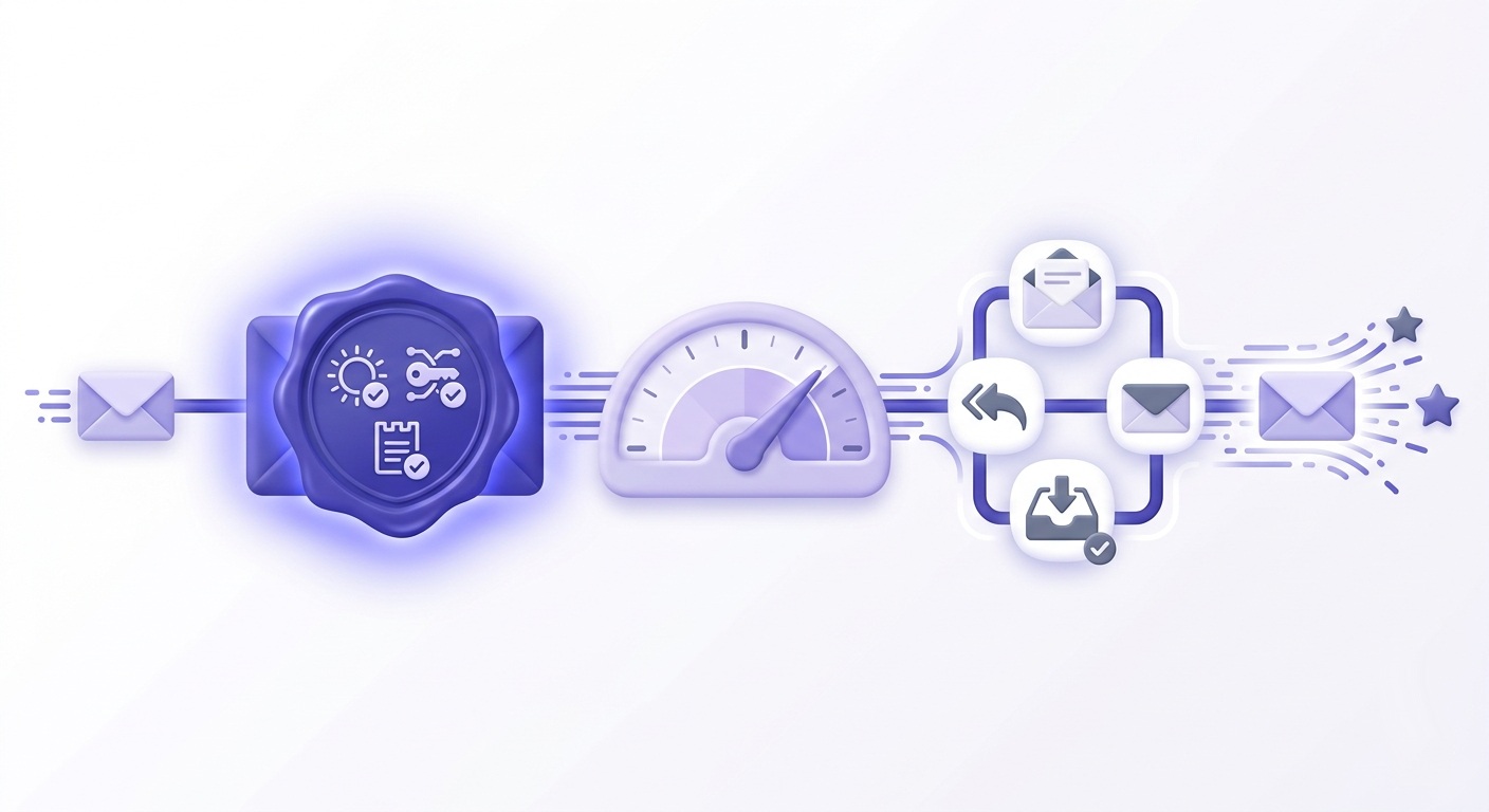 Stylized pipeline showing an email passing through three sequential gates labeled authentication, reputation, and engagement with glowing indigo pathways.