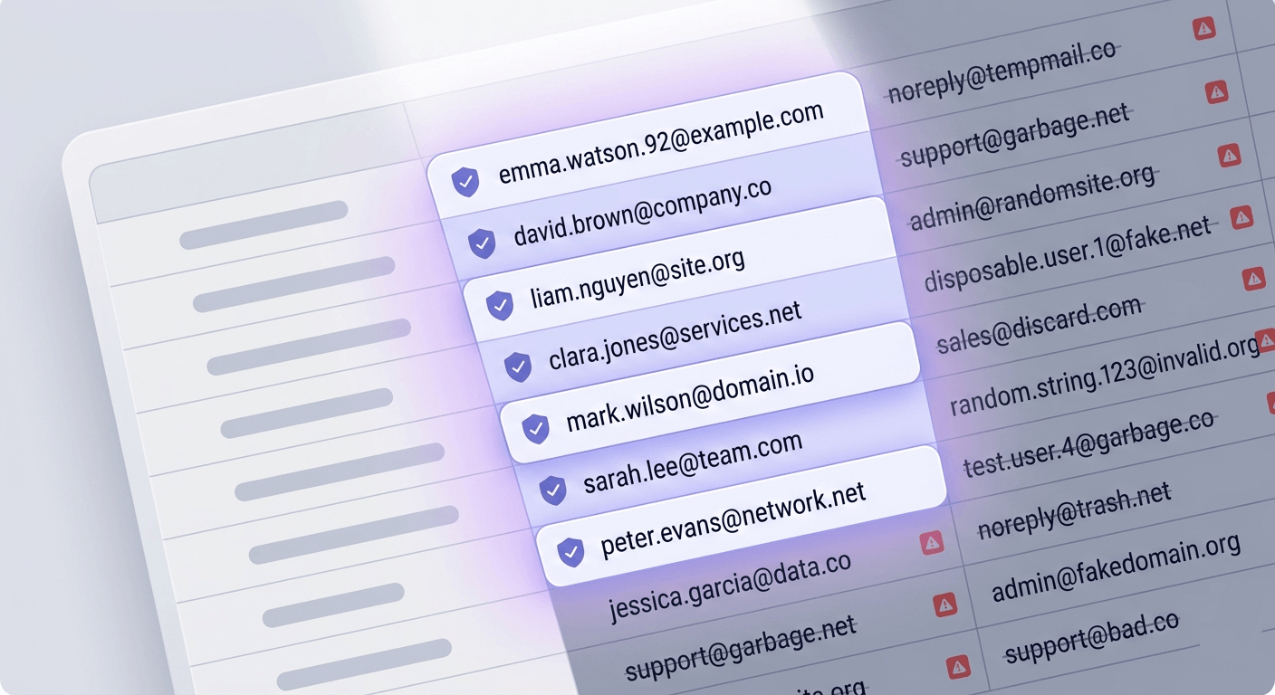 A 3D spreadsheet showing valid email rows glowing indigo with checkmarks and invalid rows dimmed with red warning badges.