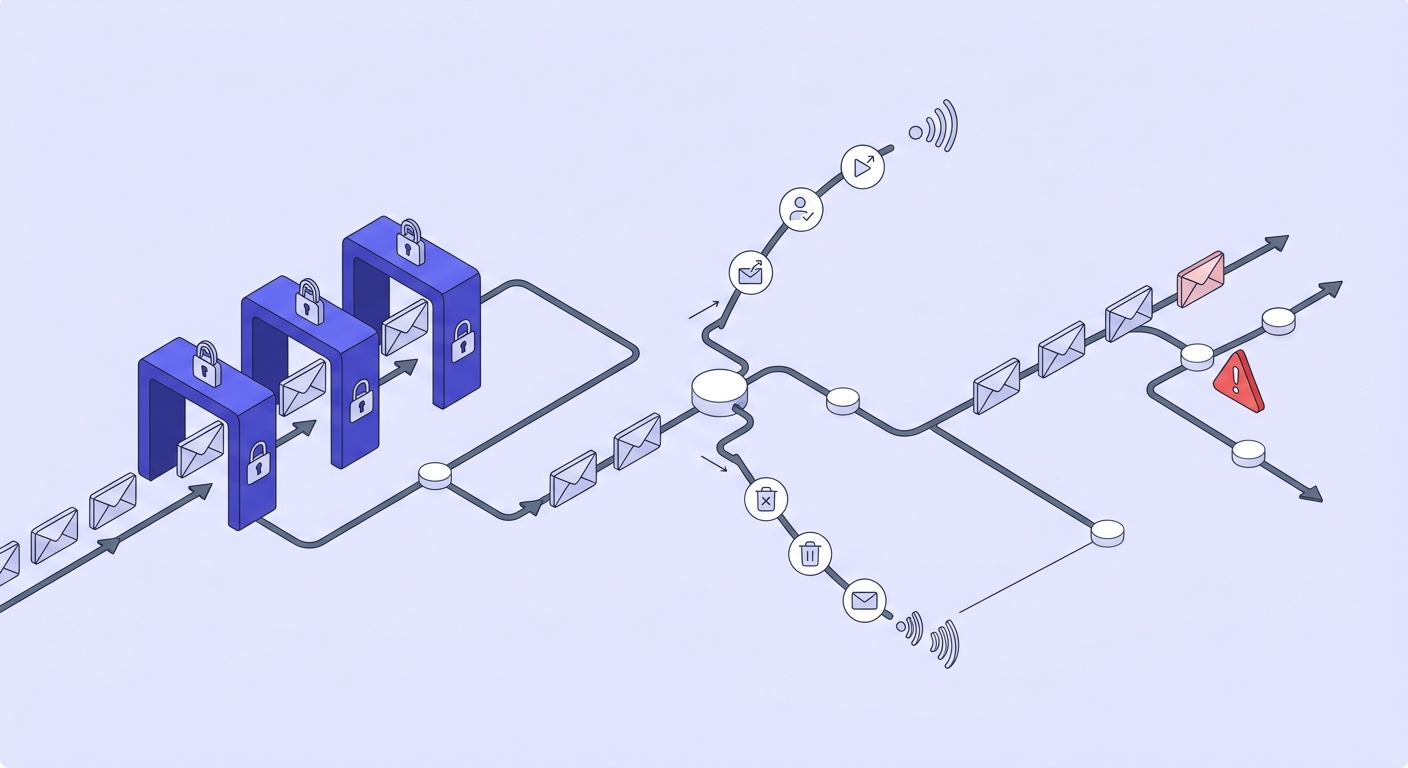 Isometric flowchart showing email message flow through authentication verification, engagement feedback loop, and invalid address filtering.
