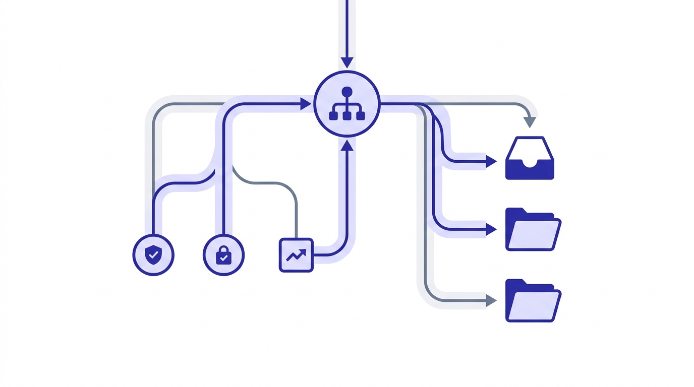 Flowchart of a mailbox provider scoring an email using sender reputation, authentication, and engagement before a routing decision