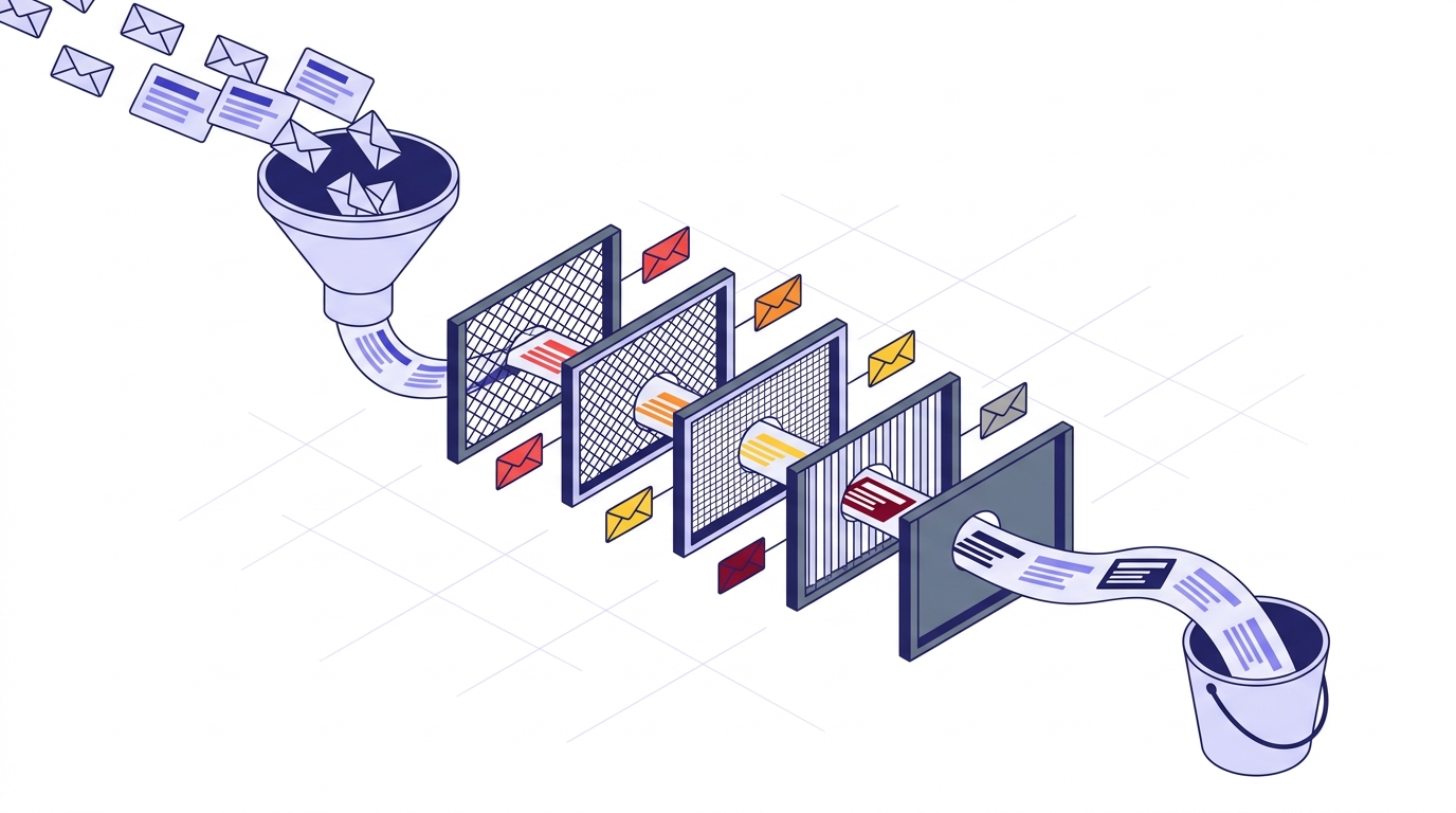 Illustration of an email list as a pipeline passing through filter stages for invalid, disposable, role, spamtrap, and unknown addresses, with clean addresses exiting into a verified list