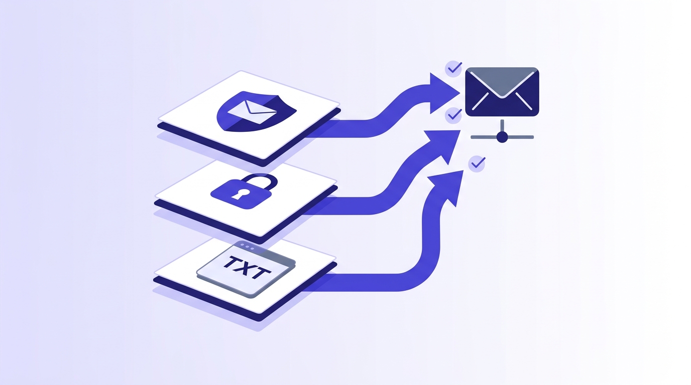 DNS record diagram showing three stacked layers — SPF as a TXT record, DKIM as a public key, and DMARC as a policy record — communicating with a receiving mail server
