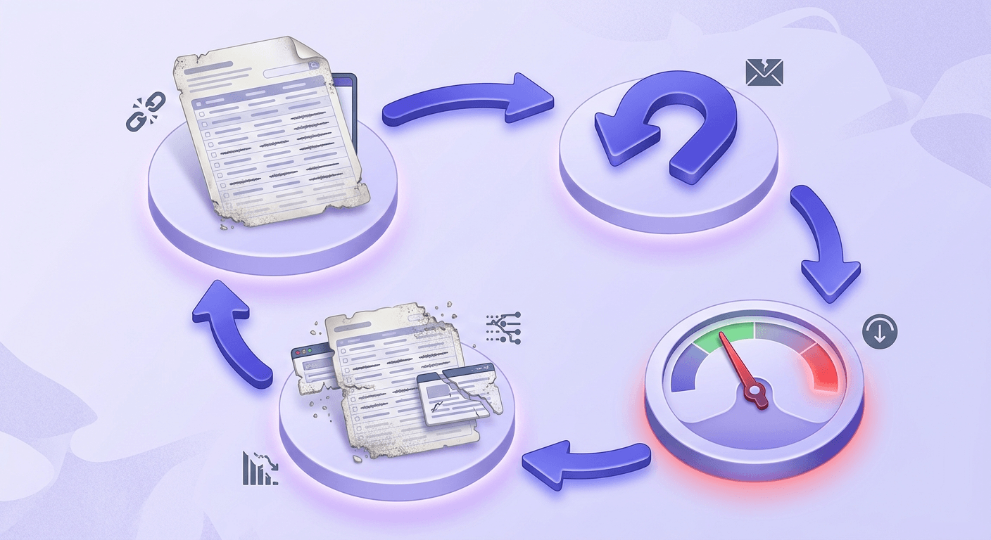 Circular flow diagram showing how stale email lists cause bounces, which damage sender reputation, which worsens list quality.