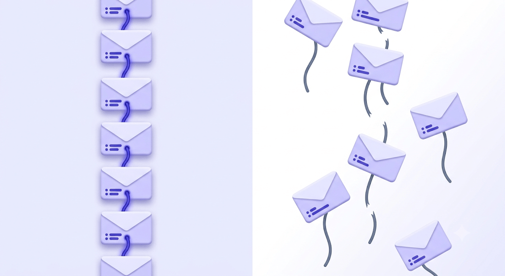 Illustration of two email thread paths: one continuous chain in indigo, one scattered and disconnected in slate gray, representing broken email threading due to missing headers.