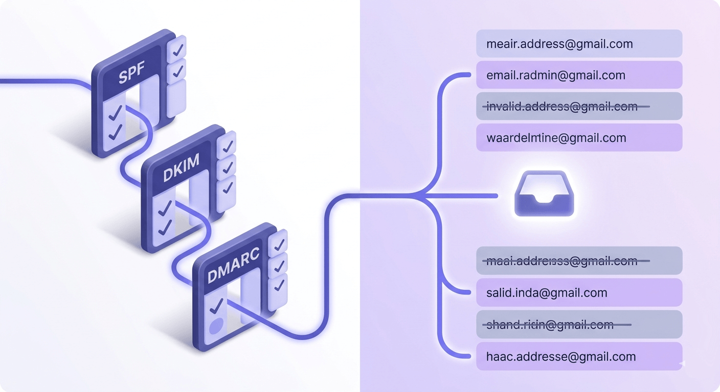 Authentication and list quality as two separate pathways merging into an inbox placement decision.