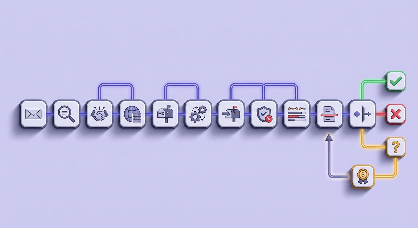 Flowchart of eleven sequential email verification stages leading to four classification outputs, with Unknown triggering an automatic refund loop.