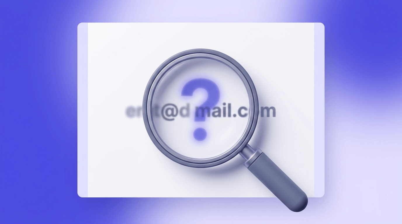 Magnifying glass with question mark hovering over an obscured email address on soft indigo background.