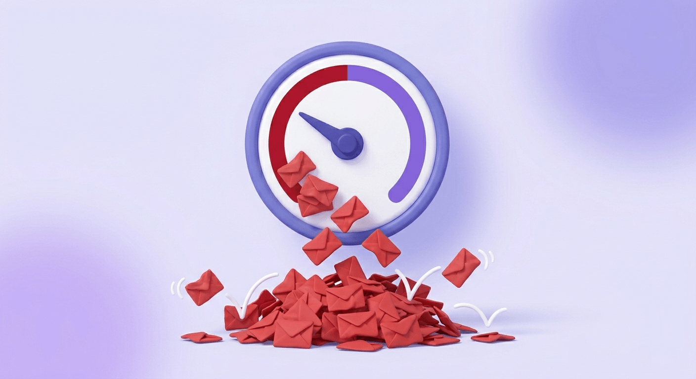3D stepped gauge showing sender reputation declining as bounce envelopes ricochet backward down the path.