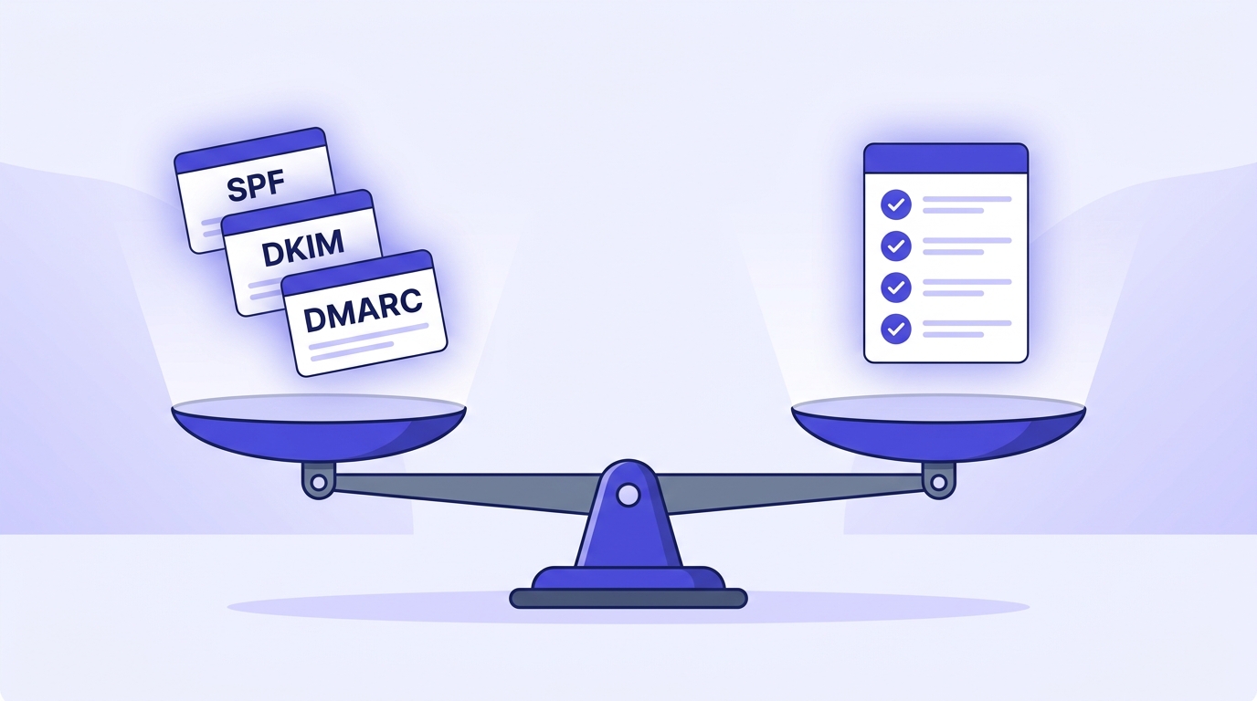 A balanced two-sided scale with SPF, DKIM, DMARC cards on one pan and a verified contact list on the other