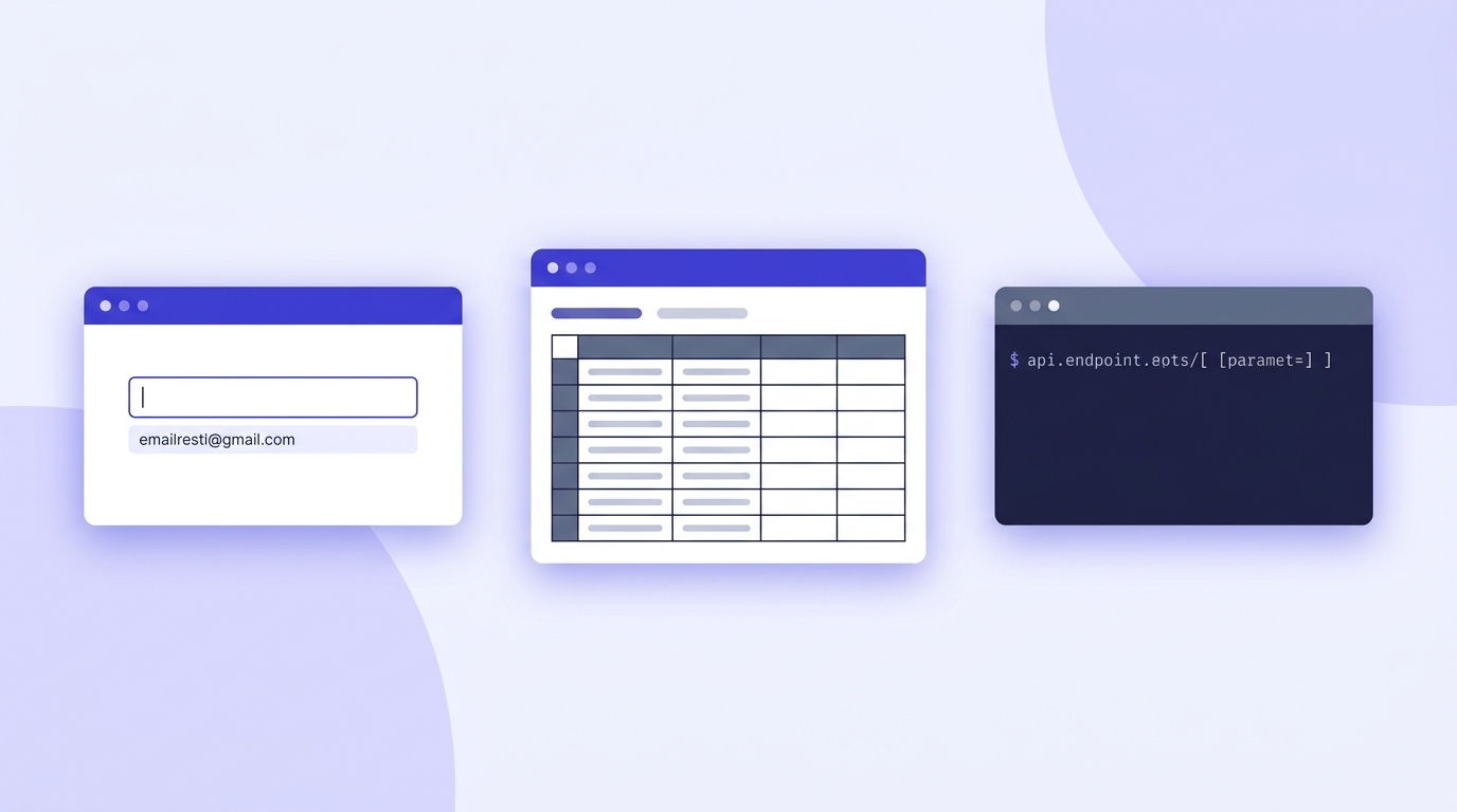 Three floating interface panels showing a single email input, a CSV spreadsheet grid, and an API terminal line
