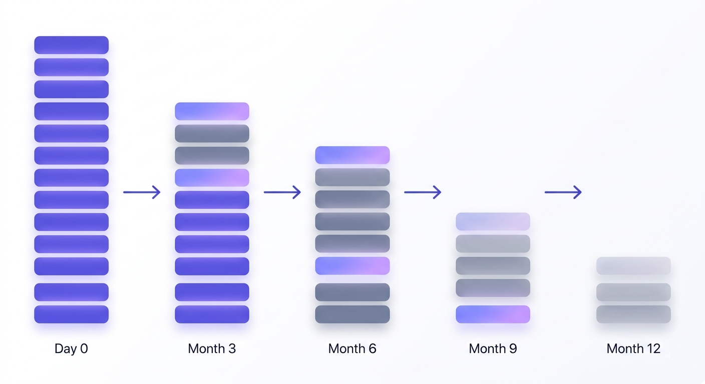 Visualization of email list shrinking from full validity at Day 0 to diminished state at Month 12, shown as stacked address blocks fading over time.